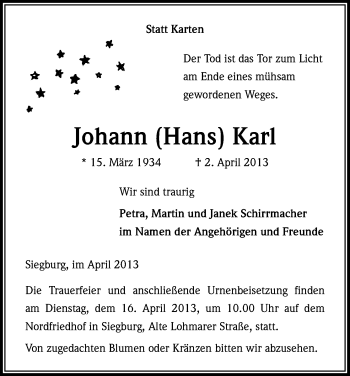 Anzeige von Johann Karl von Kölner Stadt-Anzeiger / Kölnische Rundschau / Express