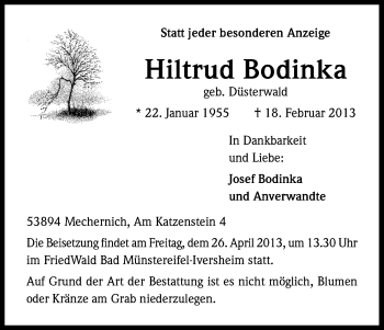 Anzeige von Hiltrud Bodinka von Kölner Stadt-Anzeiger / Kölnische Rundschau / Express