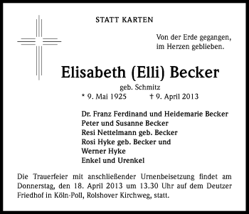 Anzeige von Elisabeth Becker von Kölner Stadt-Anzeiger / Kölnische Rundschau / Express