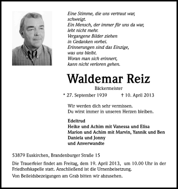 Anzeige von Waldemar Reiz von Kölner Stadt-Anzeiger / Kölnische Rundschau / Express