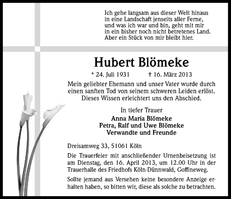 Traueranzeige für Hubert Blömeke vom 13.04.2013 aus Kölner Stadt-Anzeiger / Kölnische Rundschau / Express