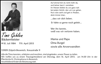 Anzeige von Timo Gehlen von Kölner Stadt-Anzeiger / Kölnische Rundschau / Express