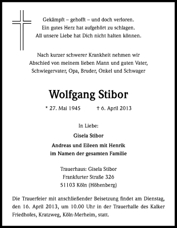 Anzeige von Wolfgang Stibor von Kölner Stadt-Anzeiger / Kölnische Rundschau / Express