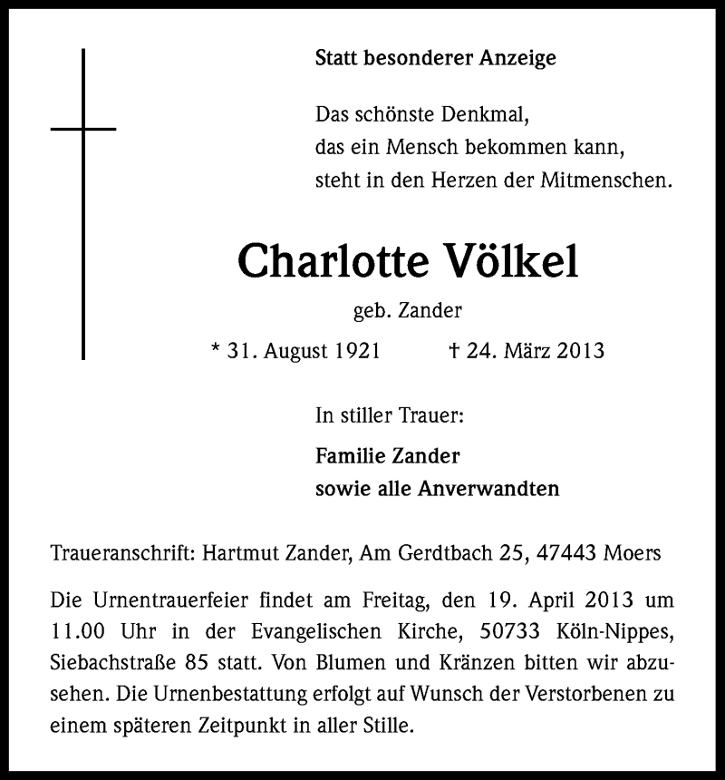  Traueranzeige für Charlotte Völkel vom 13.04.2013 aus Kölner Stadt-Anzeiger / Kölnische Rundschau / Express