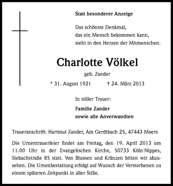 Anzeige von Charlotte Völkel von Kölner Stadt-Anzeiger / Kölnische Rundschau / Express