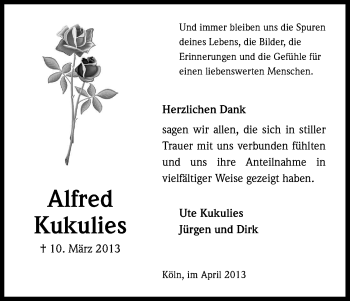 Anzeige von Alfred Kukulies von Kölner Stadt-Anzeiger / Kölnische Rundschau / Express