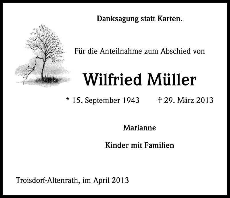  Traueranzeige für Wilfried Müller vom 20.04.2013 aus Kölner Stadt-Anzeiger / Kölnische Rundschau / Express