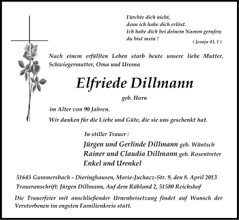 Anzeige von Elfriede Dillmann von Kölner Stadt-Anzeiger / Kölnische Rundschau / Express