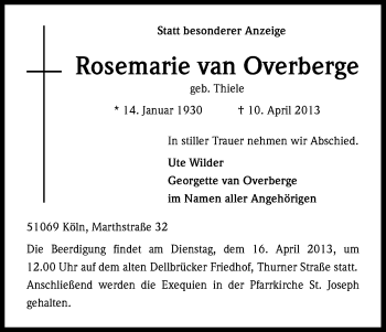 Anzeige von Rosemarie van Overberge von Kölner Stadt-Anzeiger / Kölnische Rundschau / Express