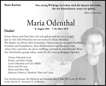 Anzeige von Maria Odenthal von Kölner Stadt-Anzeiger / Kölnische Rundschau / Express