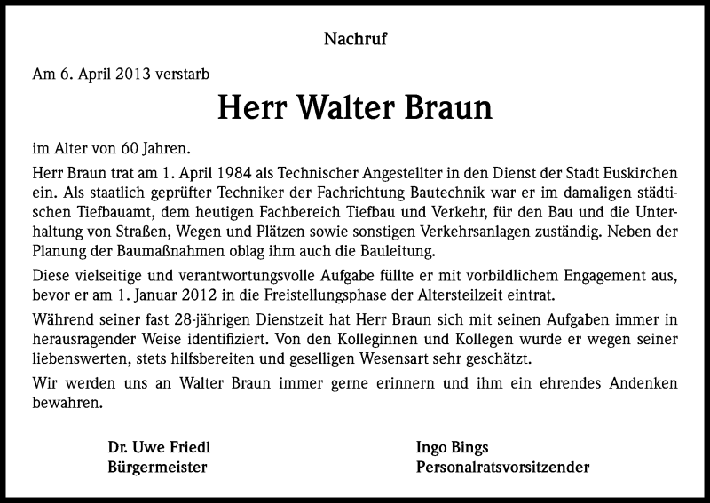  Traueranzeige für Walter Braun vom 13.04.2013 aus Kölner Stadt-Anzeiger / Kölnische Rundschau / Express