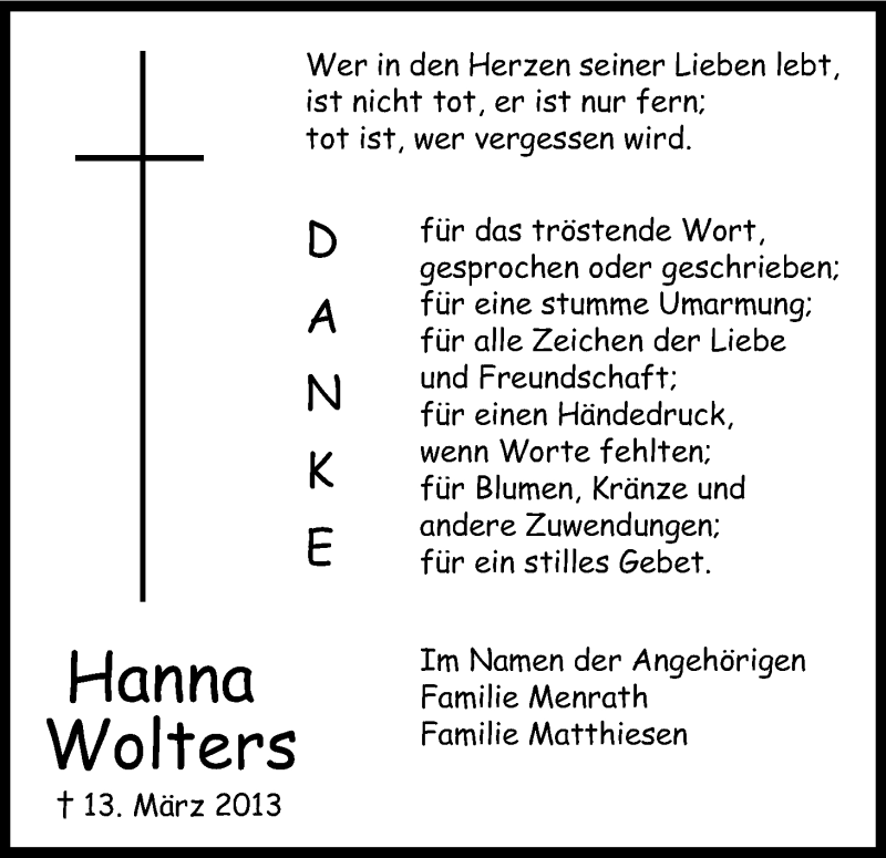  Traueranzeige für Hanna Wolters vom 13.04.2013 aus Kölner Stadt-Anzeiger / Kölnische Rundschau / Express