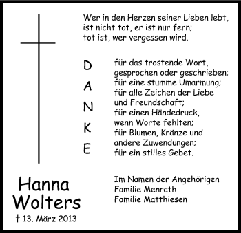 Anzeige von Hanna Wolters von Kölner Stadt-Anzeiger / Kölnische Rundschau / Express