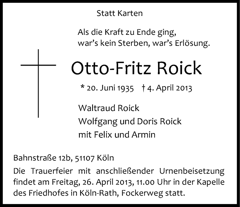  Traueranzeige für Otto-Fritz Roick vom 13.04.2013 aus Kölner Stadt-Anzeiger / Kölnische Rundschau / Express