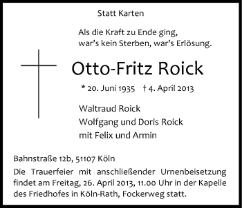 Anzeige von Otto-Fritz Roick von Kölner Stadt-Anzeiger / Kölnische Rundschau / Express