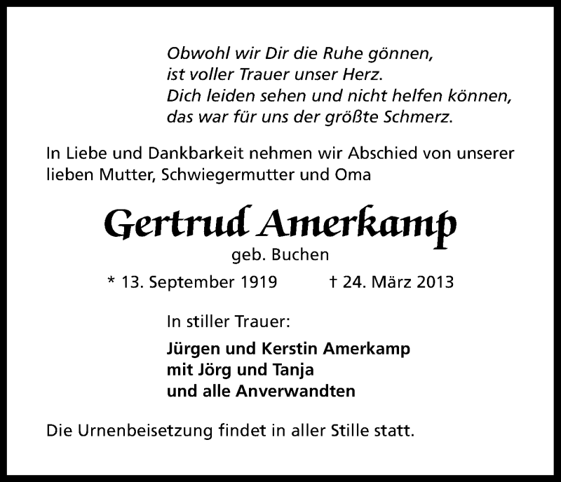  Traueranzeige für Gertrud Amerkamp vom 13.04.2013 aus Kölner Stadt-Anzeiger / Kölnische Rundschau / Express