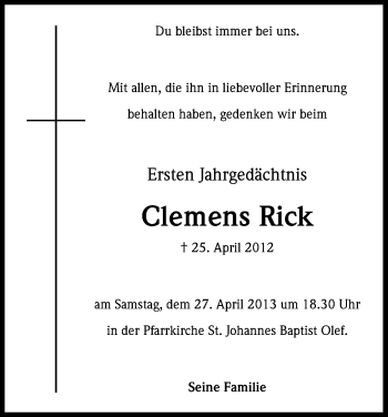 Anzeige von Clemens Rick von Kölner Stadt-Anzeiger / Kölnische Rundschau / Express