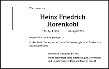 Anzeige von Heinz Friedrich Horenkohl von Kölner Stadt-Anzeiger / Kölnische Rundschau / Express