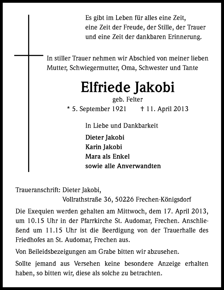  Traueranzeige für Elfriede Jakobi vom 13.04.2013 aus Kölner Stadt-Anzeiger / Kölnische Rundschau / Express