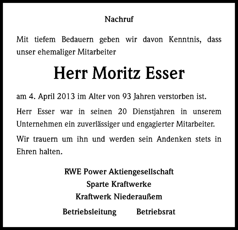  Traueranzeige für Moritz Esser vom 12.04.2013 aus Kölner Stadt-Anzeiger / Kölnische Rundschau / Express