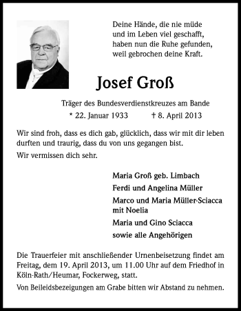 Anzeige von Josef Groß von Kölner Stadt-Anzeiger / Kölnische Rundschau / Express