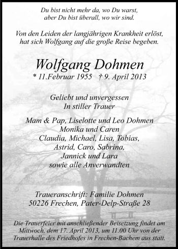 Anzeige von Wofgang Dohmen von Kölner Stadt-Anzeiger / Kölnische Rundschau / Express
