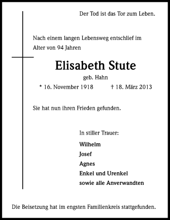 Anzeige von Elisabeth Stute von Kölner Stadt-Anzeiger / Kölnische Rundschau / Express