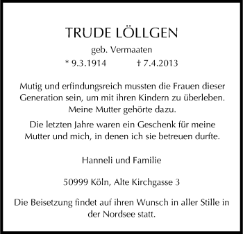 Anzeige von Trude Löllgen von Kölner Stadt-Anzeiger / Kölnische Rundschau / Express