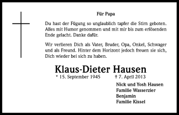 Anzeige von Klaus-Dieter Hausen von Kölner Stadt-Anzeiger / Kölnische Rundschau / Express