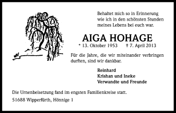 Anzeige von Aiga Hohage von Kölner Stadt-Anzeiger / Kölnische Rundschau / Express