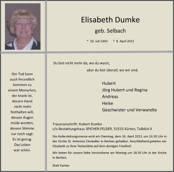 Anzeige von Elisabeth Dumke von Kölner Stadt-Anzeiger / Kölnische Rundschau / Express
