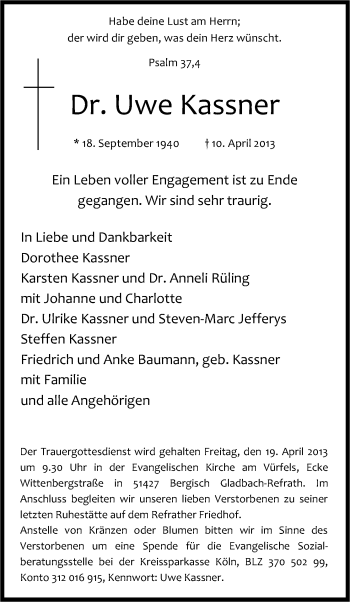Anzeige von Uwe Kassner von Kölner Stadt-Anzeiger / Kölnische Rundschau / Express