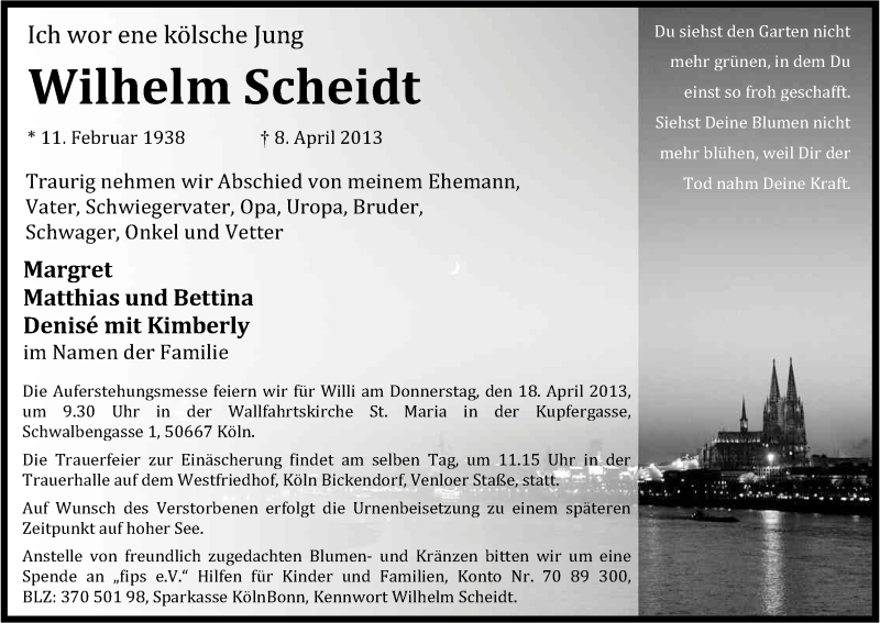  Traueranzeige für Wilhelm Scheidt vom 13.04.2013 aus Kölner Stadt-Anzeiger / Kölnische Rundschau / Express