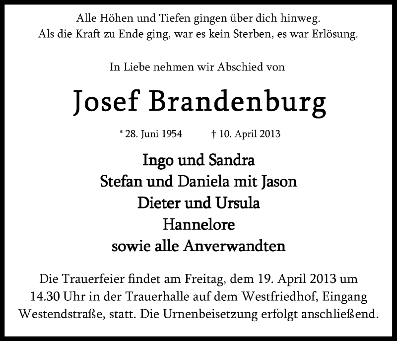  Traueranzeige für Josef Brandenburg vom 13.04.2013 aus Kölner Stadt-Anzeiger / Kölnische Rundschau / Express