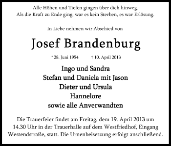 Anzeige von Josef Brandenburg von Kölner Stadt-Anzeiger / Kölnische Rundschau / Express