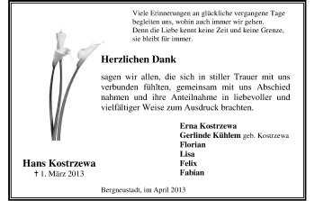 Anzeige von Hans Kostrzewa von Kölner Stadt-Anzeiger / Kölnische Rundschau / Express