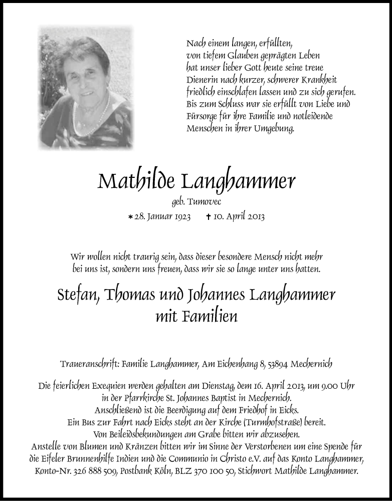  Traueranzeige für Mathilde Langhammer vom 13.04.2013 aus Kölner Stadt-Anzeiger / Kölnische Rundschau / Express