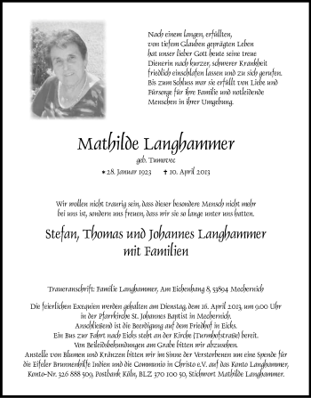 Anzeige von Mathilde Langhammer von Kölner Stadt-Anzeiger / Kölnische Rundschau / Express