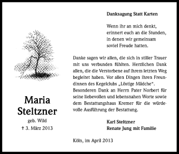 Anzeige von Maria Steltzner von Kölner Stadt-Anzeiger / Kölnische Rundschau / Express