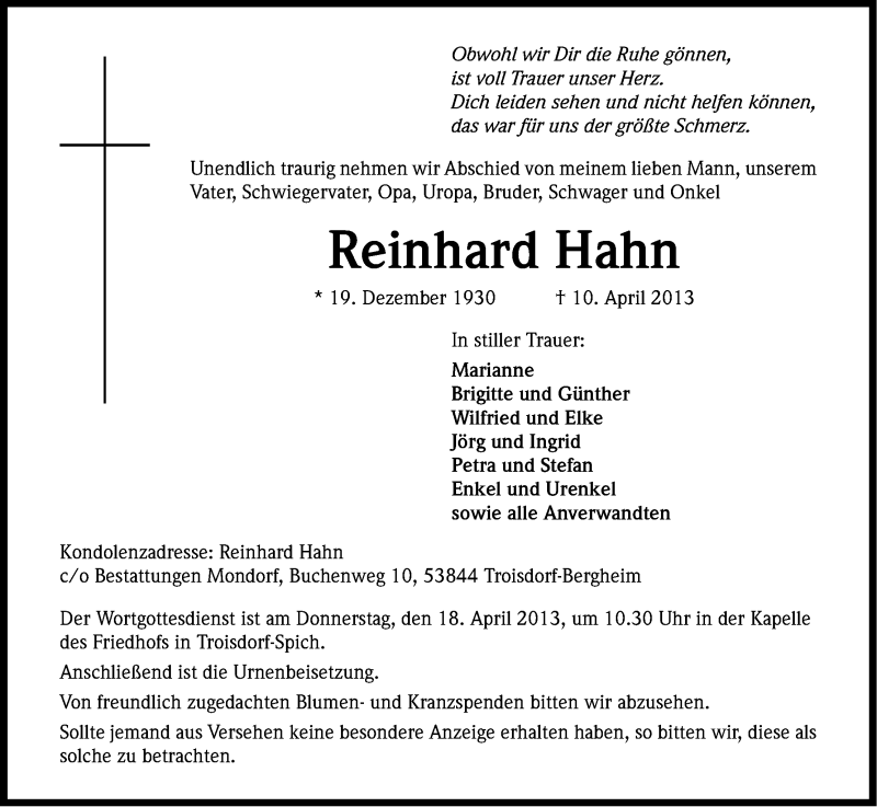  Traueranzeige für Reinhard Hahn vom 13.04.2013 aus Kölner Stadt-Anzeiger / Kölnische Rundschau / Express