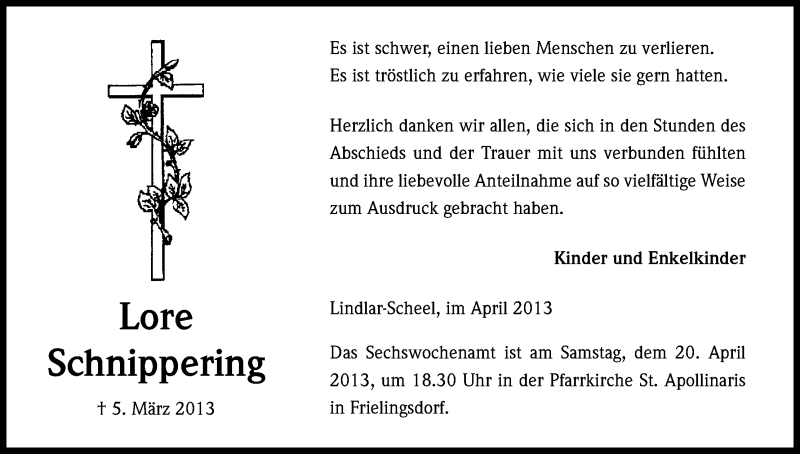  Traueranzeige für Lore Schnippering vom 13.04.2013 aus Kölner Stadt-Anzeiger / Kölnische Rundschau / Express