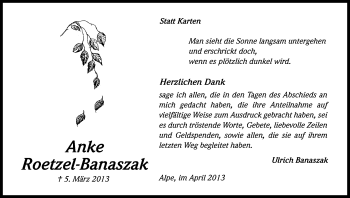 Anzeige von Anke Roetzel-Banaszak von Kölner Stadt-Anzeiger / Kölnische Rundschau / Express
