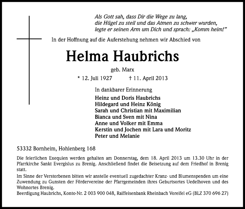  Traueranzeige für Helma Haubrichs vom 13.04.2013 aus Kölner Stadt-Anzeiger / Kölnische Rundschau / Express
