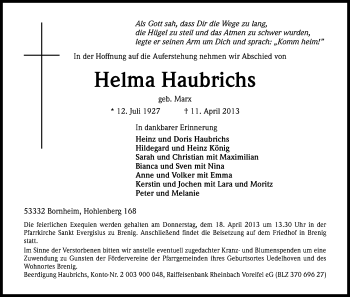 Anzeige von Helma Haubrichs von Kölner Stadt-Anzeiger / Kölnische Rundschau / Express