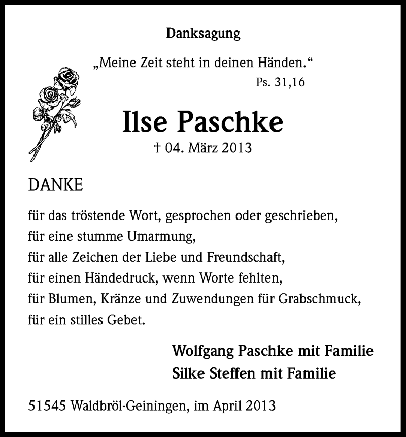  Traueranzeige für Ilse Paschke vom 13.04.2013 aus Kölner Stadt-Anzeiger / Kölnische Rundschau / Express