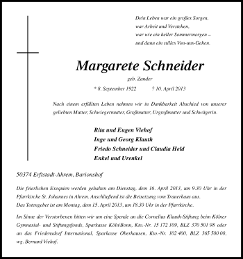 Anzeige von Margarete Schneider von Kölner Stadt-Anzeiger / Kölnische Rundschau / Express