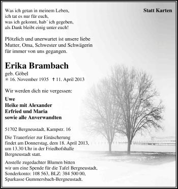 Anzeige von Erika Brambach von Kölner Stadt-Anzeiger / Kölnische Rundschau / Express