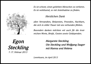 Anzeige von Egon Steckling von Kölner Stadt-Anzeiger / Kölnische Rundschau / Express