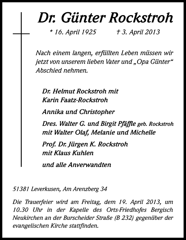  Traueranzeige für Günter Rockstroh vom 13.04.2013 aus Kölner Stadt-Anzeiger / Kölnische Rundschau / Express