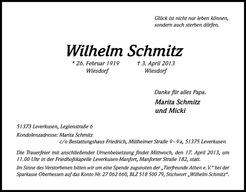  Traueranzeige für Wilhelm Schmitz vom 13.04.2013 aus Kölner Stadt-Anzeiger / Kölnische Rundschau / Express